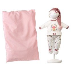 Clothes for Llorens dolls 40 cm - Pink cushion bed, two-piece mushroom print pajamas and sleep cap