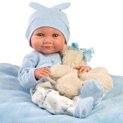 Llorens doll 40 cm - Nico Newborn with light blue cushion with teddy bear