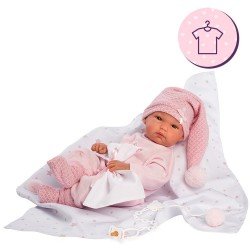 Clothes for Llorens dolls 35 cm - Pink romper with hat, blanket, socks and dou dou