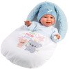 Poupée Llorens 38 cm - Liam sourit avec un sac de couchage bleu ciel