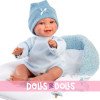 Poupée Llorens 38 cm - Liam sourit avec un sac de couchage bleu ciel