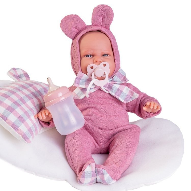 Poupée Antonio Juan 34 cm - Oreilles de bébé Carla nouveau-né avec berceau-coussin