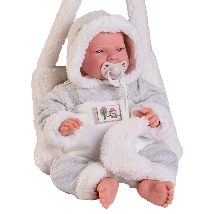 Poupée Antonio Juan 42 cm - Newborn Lea dans un sac de portage à pompon
