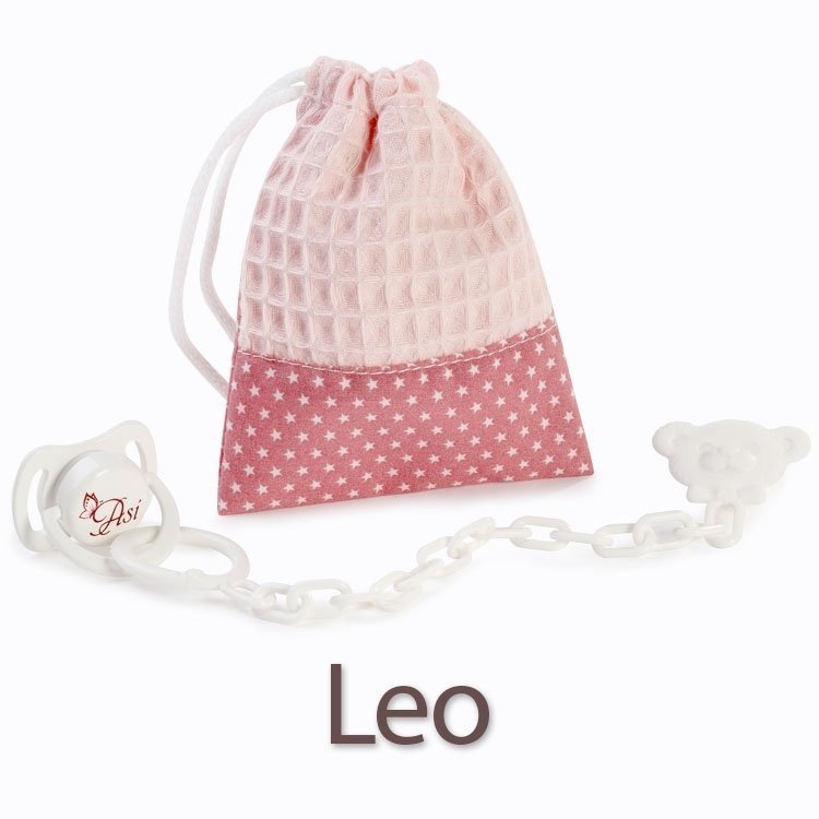 Compléments pour poupées Leo d'Así - Tétine et sac rose avec étoiles blanches