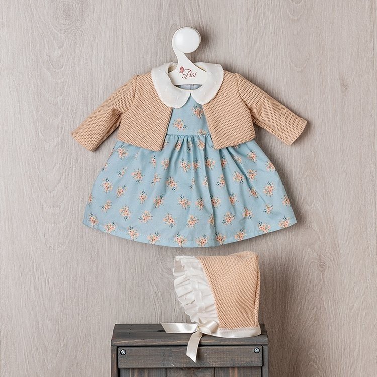 Tenue pour poupée Así 46 cm - Robe bleue avec fleurs orange et veste beige pour poupée Leo