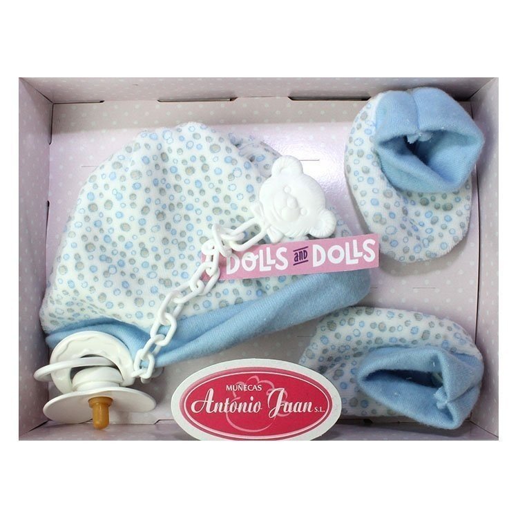 Compléments de poupée Antonio Juan - Ensemble bonnet et chaussons bleu avec petits cercles et tétine, 40-42 cm