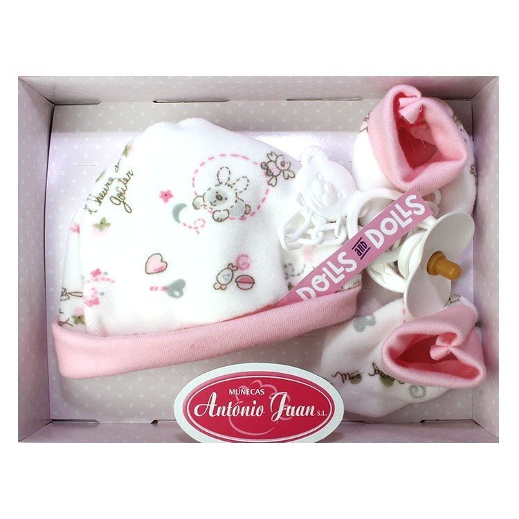 Ensemble bonnet et chaussons rose avec lapins et tétine, 40-42 cm