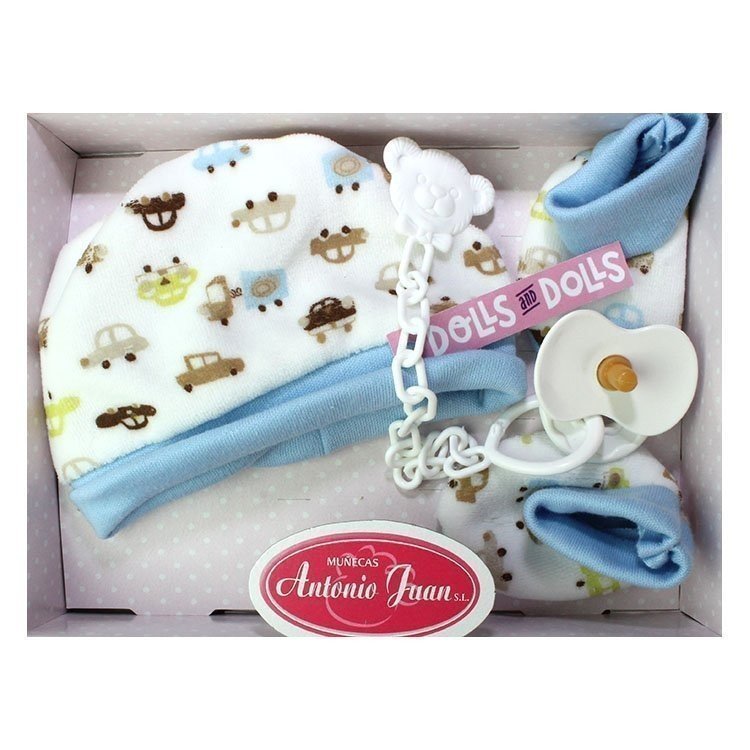 Compléments de poupée Antonio Juan - Ensemble bonnet et chaussons bleu avec petites voitures et tétine, 40-42 cm