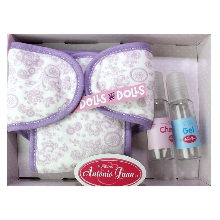 Set couche lilas avec fleurs, flacon pour gel et flacon pour shampoing, 40-42 cm
