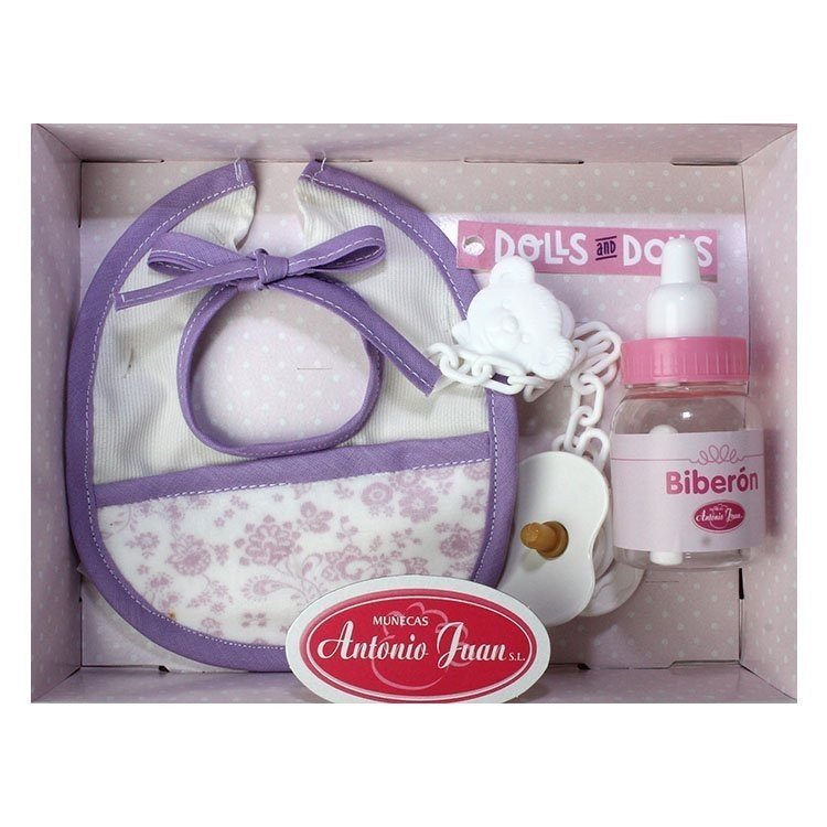 Ensemble bavoir lilas avec fleurs, biberon et tétine, 40-42 cm