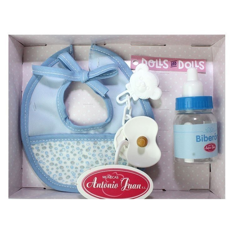 Set bavoir bleu avec petits cercles, biberon et tétine, 40-42 cm