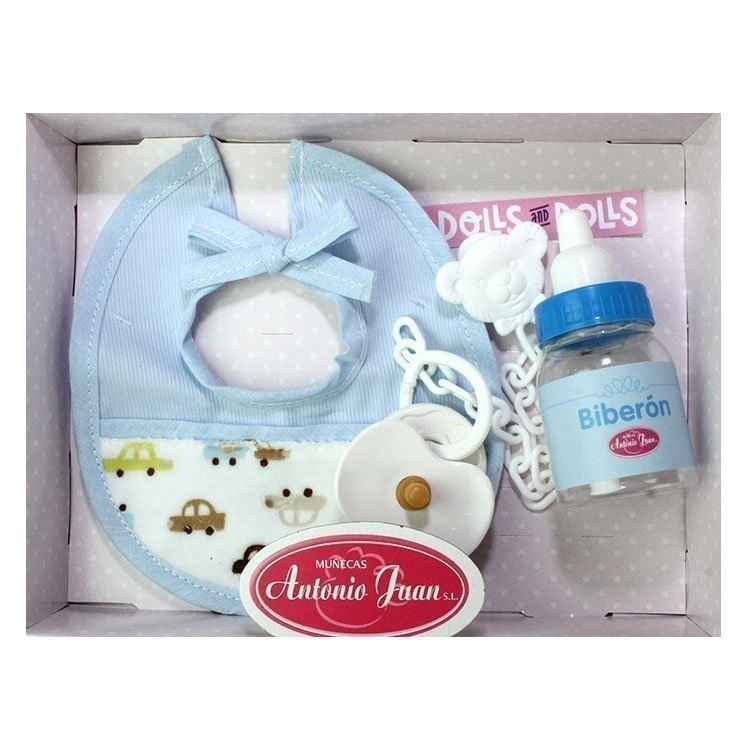 Set bavoir bleu avec petites voitures, biberon et tétine, 40-42 cm