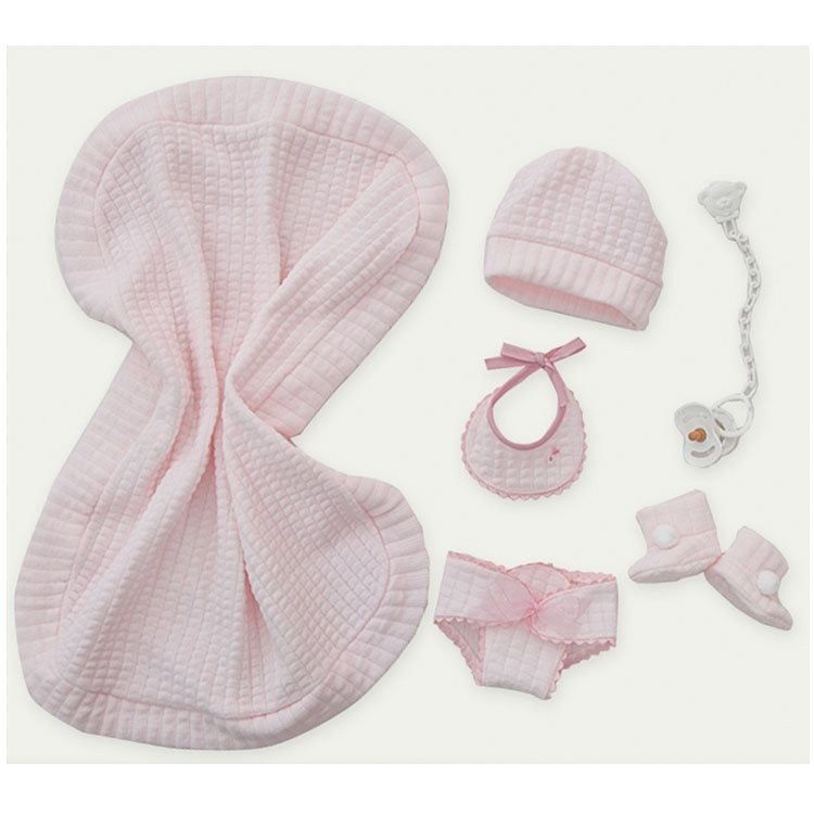 Compléments de poupée Antonio Juan - Ensemble rose avec couverture, culotte, chaussons, bavoir, chapeau et tétine 40-42 cm.
