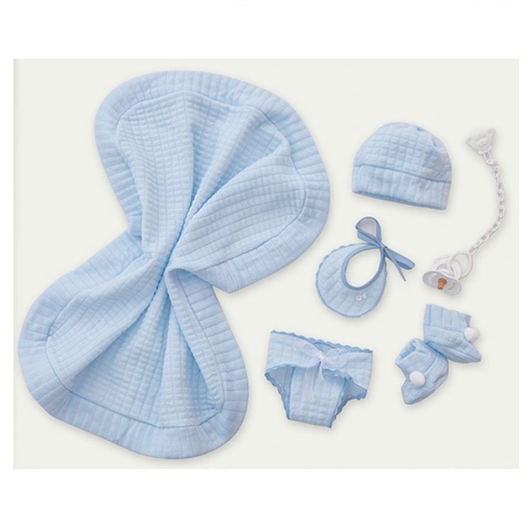 Compléments de poupée Antonio Juan - Ensemble bleu avec couverture, culotte, chaussons, bavoir, chapeau et tétine 40-42 cm.