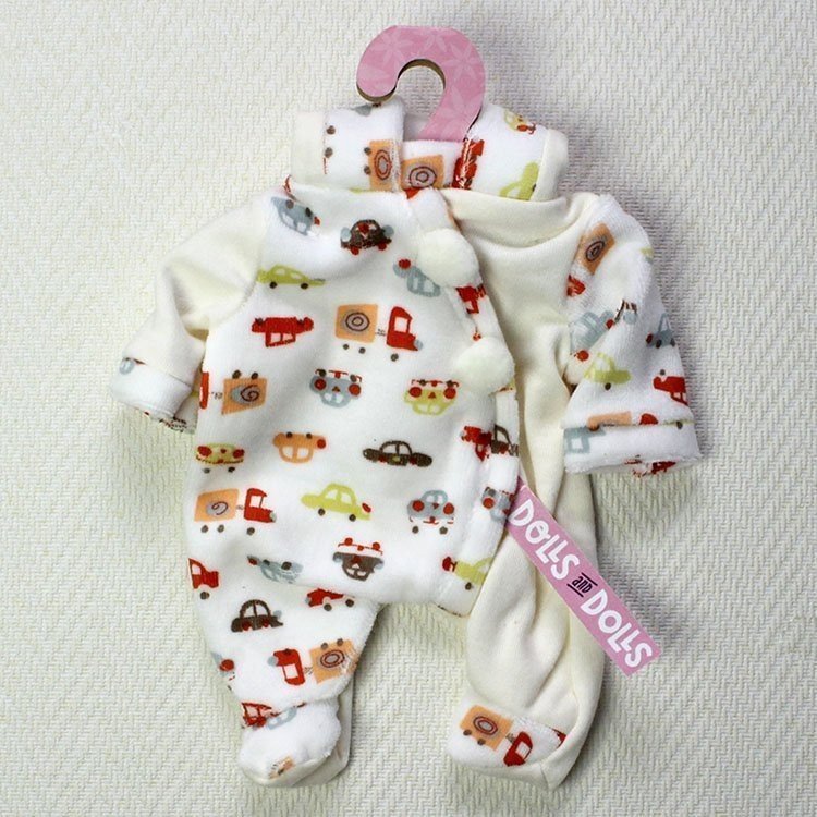 Tenue de poupée Antonio Juan - Pyjama blanc et beige avec des voitures et avec chapeau 26-27 cm