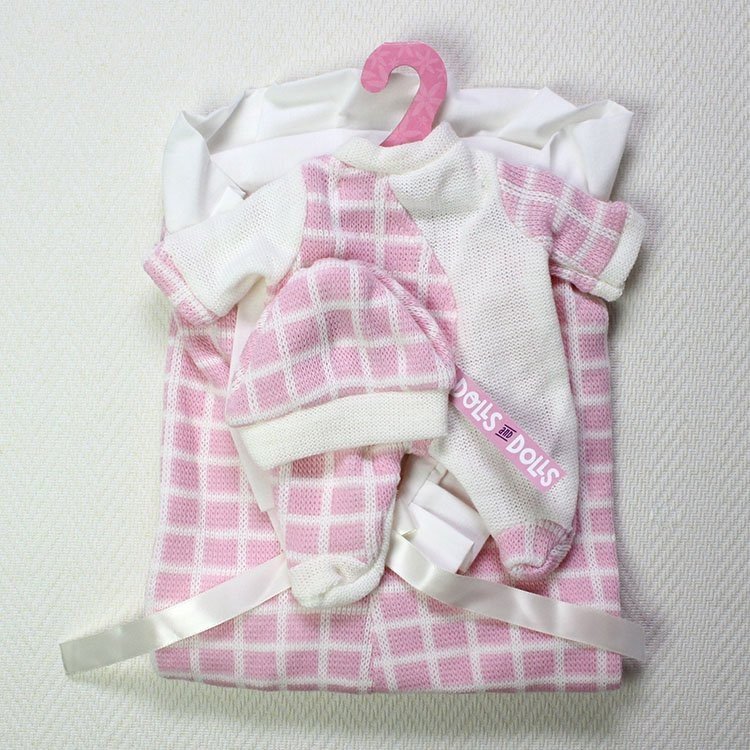 Tenue de poupée Antonio Juan - Pyjama à carreaux blancs et roses avec bonnet et couverture 26-27 cm