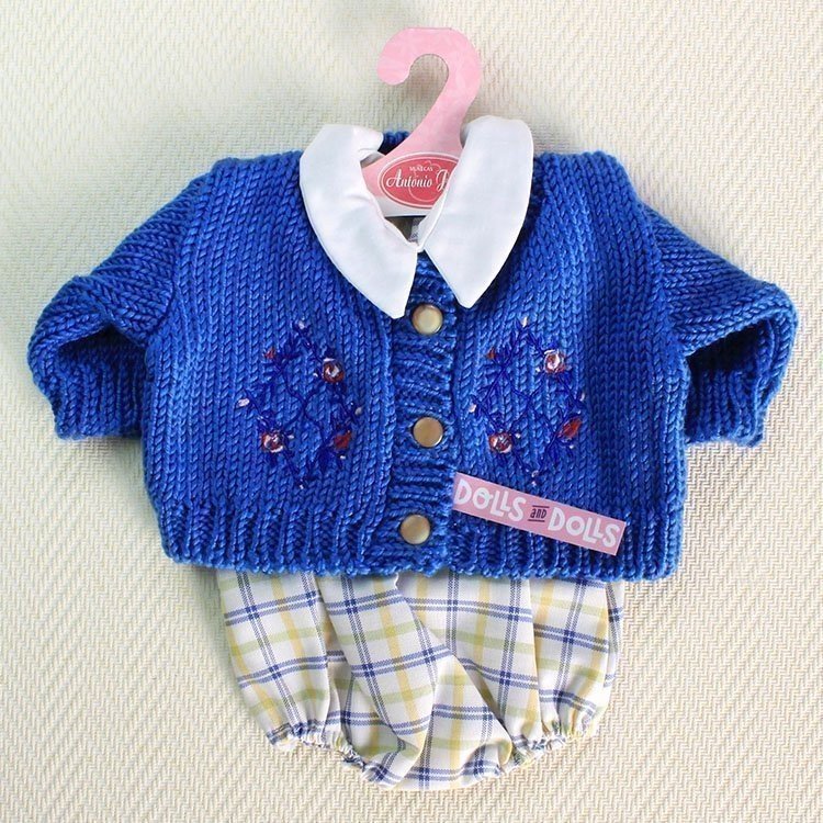 Tenue de poupée Antonio Juan - Barboteuse à carreaux et veste tricotée bleue avec broderie 40-42 cm