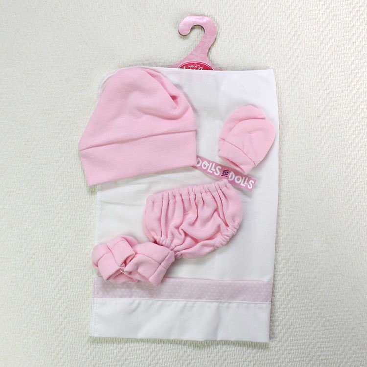 Tenue de poupée Antonio Juan 33-34 cm - Ensemble rose avec culotte, chapeau, chaussons bébé, mitaines et drap de lit
