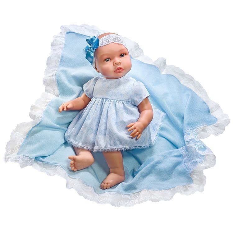 Poupée Así 46 cm - Leo avec robe imprimée bleu clair avec couverture