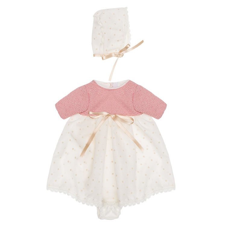 Tenue pour poupée Así 28 cm - Robe longue avec plumeti beige et rose tricoté avec bonnet