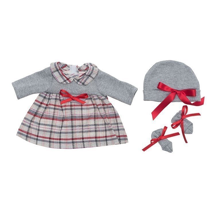 Tenue pour poupée Así 36 cm - Robe écossaise rouge et grise avec chapeau et chaussons pour poupée Chinín
