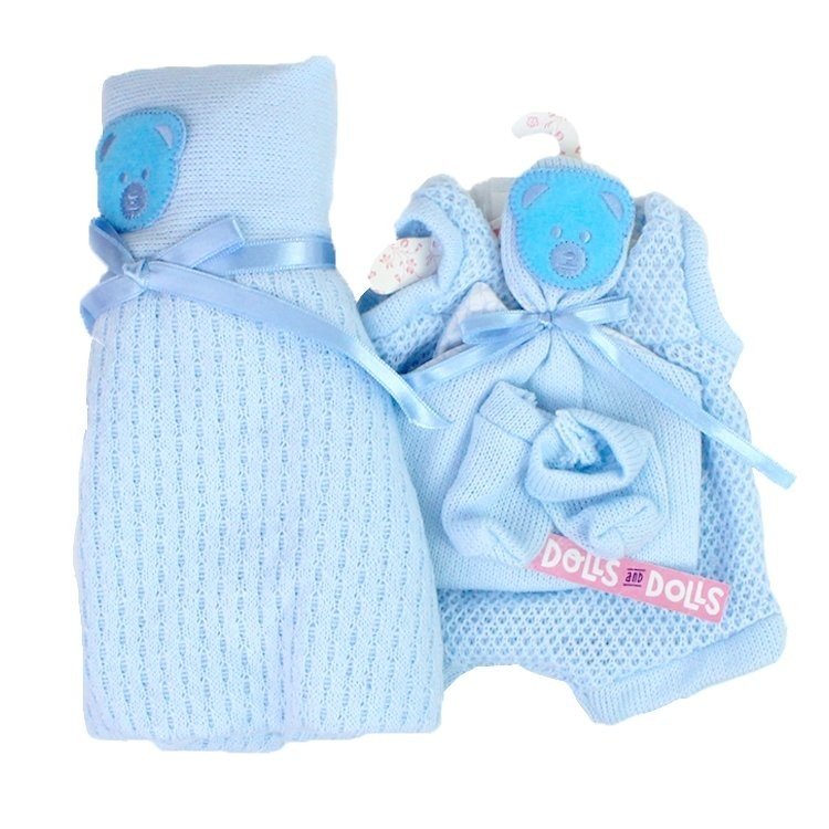 Vêtements pour poupées Llorens 35 cm - Ensemble bleu avec doudo ours en peluche, chaussons et couverture
