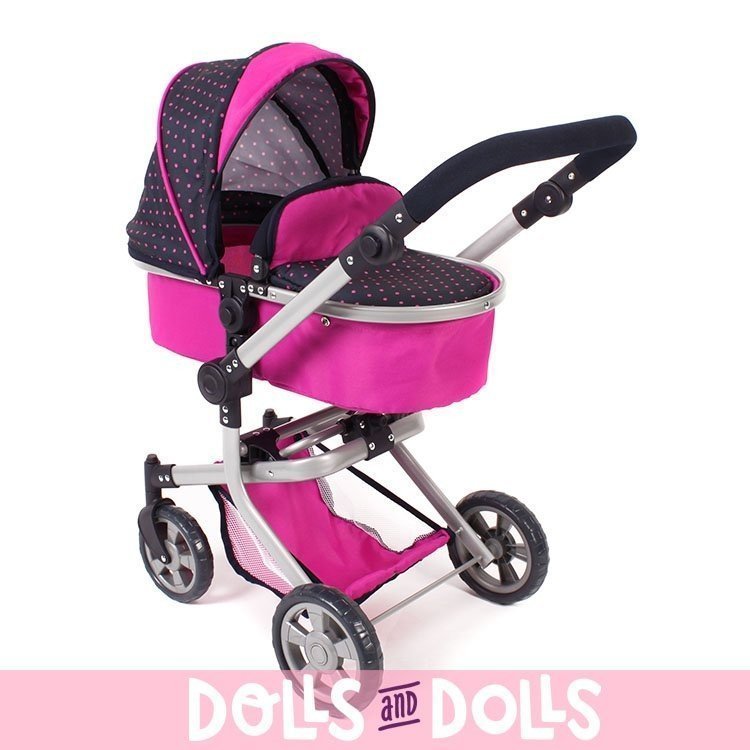 Landau Mika 74,5 cm transformable en poussette pour poupées - Bayer Chic 2000 - Fuchsia et Navy à pois