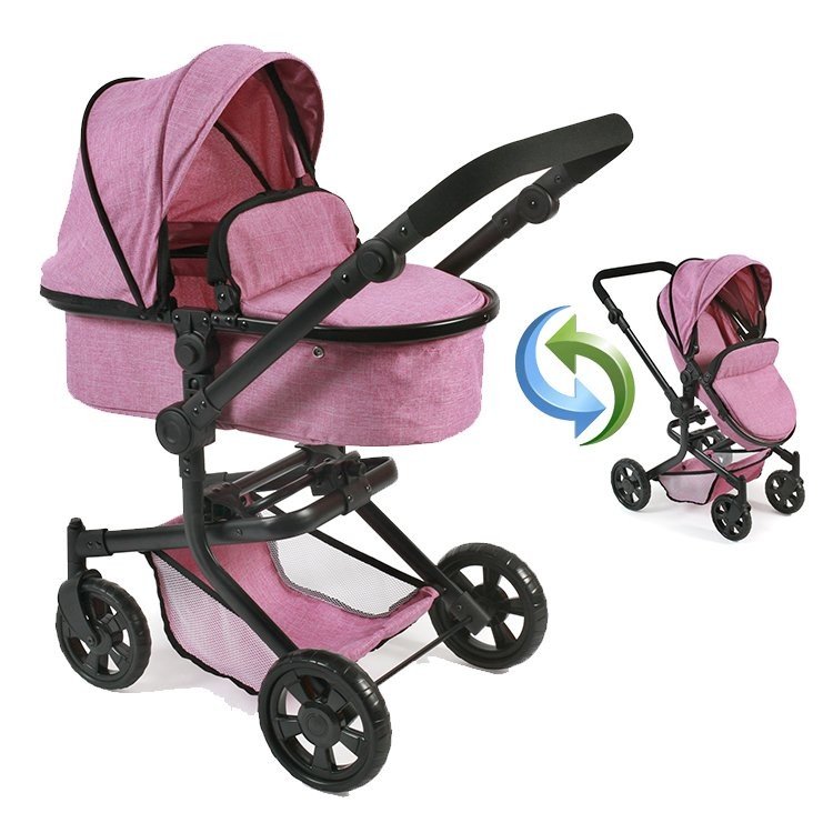 Poussette De Poupée En Bois Bayer Chic 2000 - Pour Poupées Jusqu'à 54 Cm - Roues En Caoutchouc, Housse Douce - Étoiles Roses