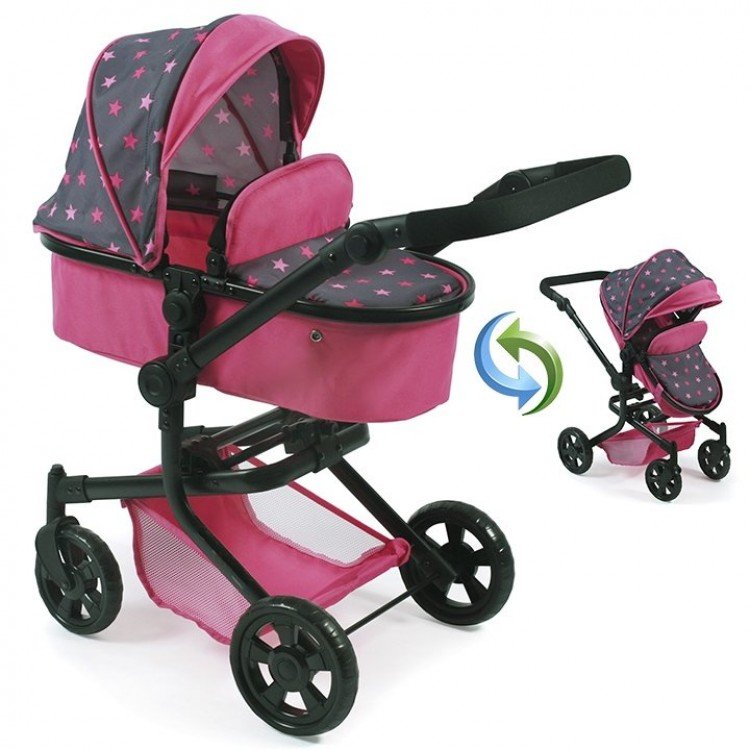 Landau Mika 74,5 cm transformable en poussette pour poupées - Bayer Chic 2000 - Fuchsia stars