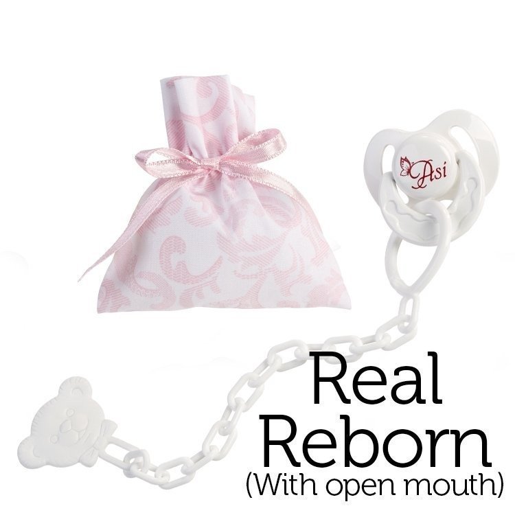 Compléments pour poupées Real Reborn à bouche ouverte d'Así - Sucette papillon avec clip et sac en cachemire rose et blanc