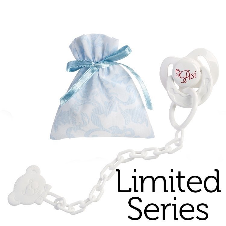Compléments pour poupées Reborn en série limitée d'Así - Sucette avec clip et sac cachemire bleu clair et blanc