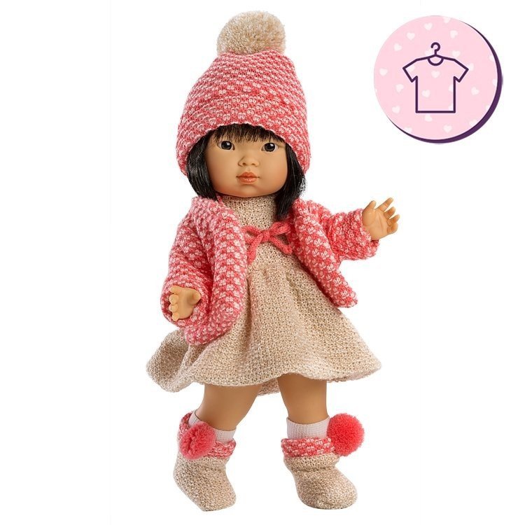 Vêtements pour poupées Llorens 28 cm - Robe tricotée beige avec veste rose, bonnet et chaussons