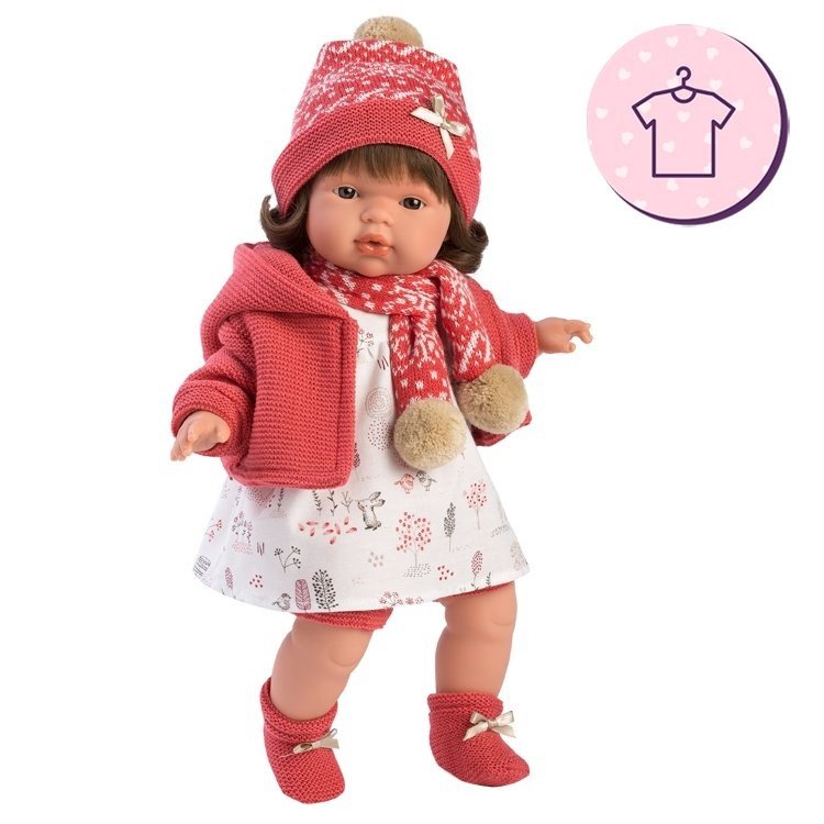 Vêtements pour poupées Llorens 38 cm - Robe imprimée avec veste corail, chapeau et chaussons