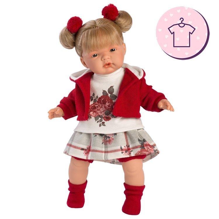Vêtements pour poupées Llorens 38 cm - Ensemble imprimé floral et à carreaux avec veste rouge et bottes