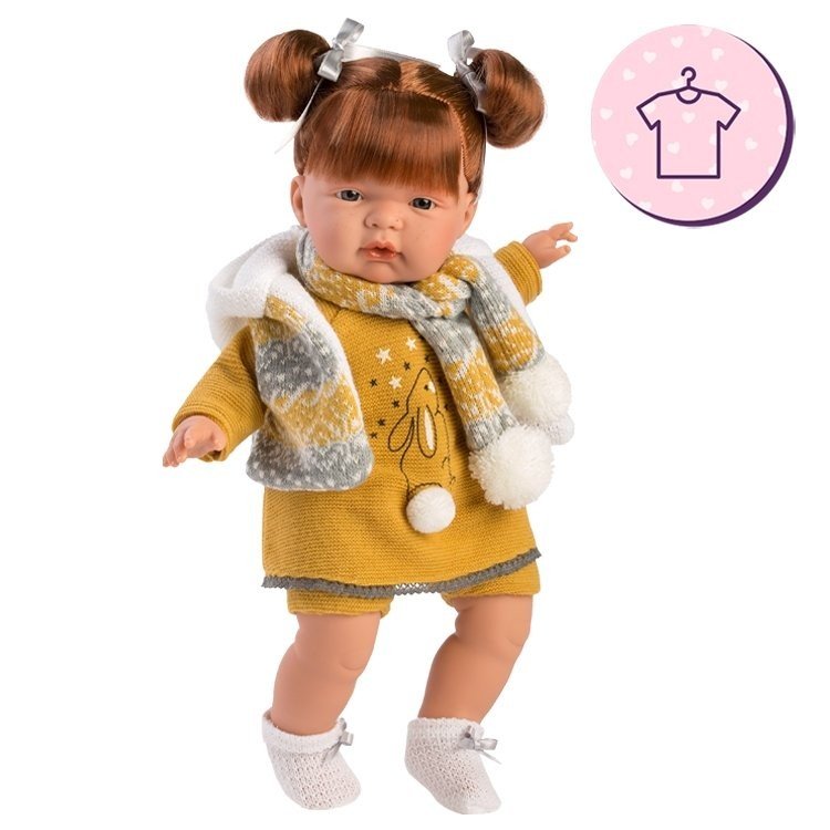 Vêtements pour poupées Llorens 38 cm - Ensemble tricot moutarde avec gilet, écharpe et chaussons