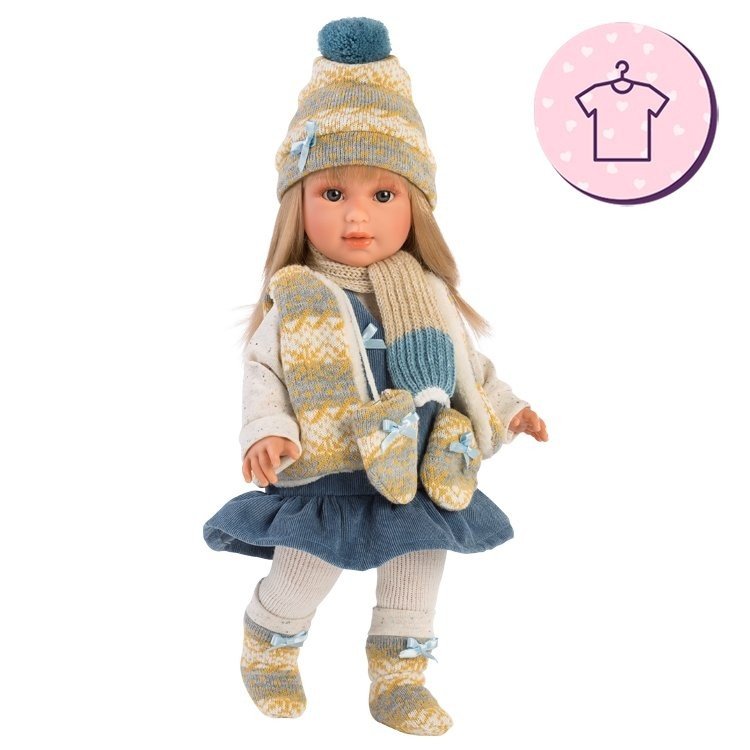 Vêtements pour poupées Llorens 40 cm - Robe bleue avec gilet imprimé d'hiver, écharpe, bonnet et chaussons