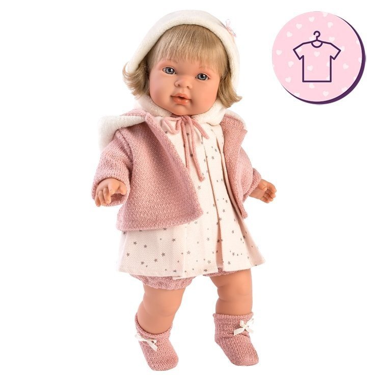 Vêtements pour poupées Llorens 42 cm - Robe imprimée étoile rose avec veste, chapeau et chaussons