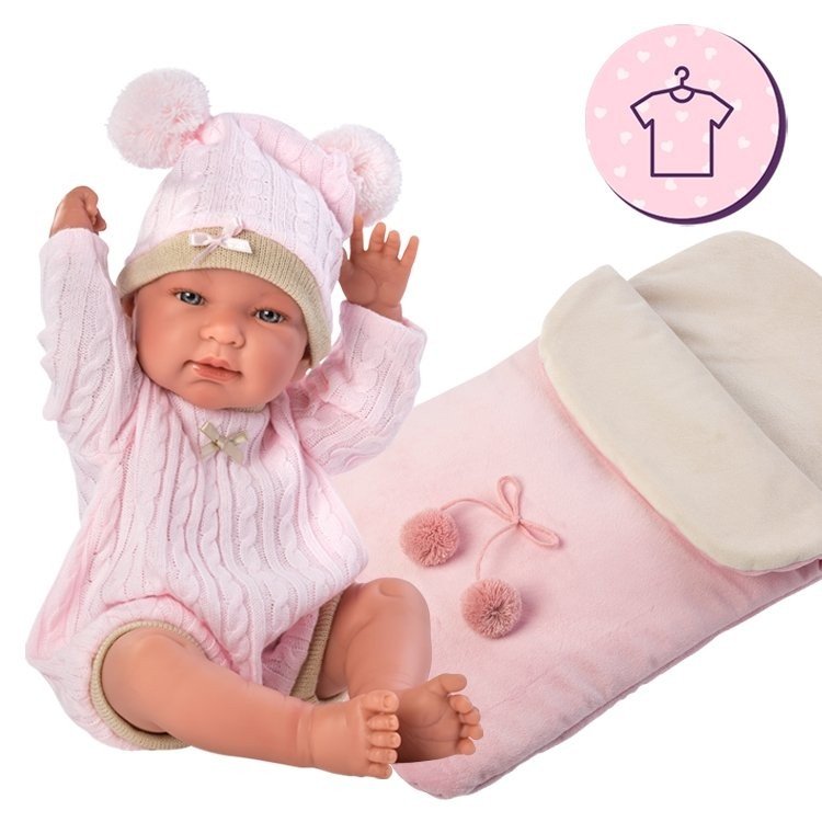 Vêtements pour poupées Llorens 43 cm - Barboteuse en tricot rose avec bonnet et sac de couchage