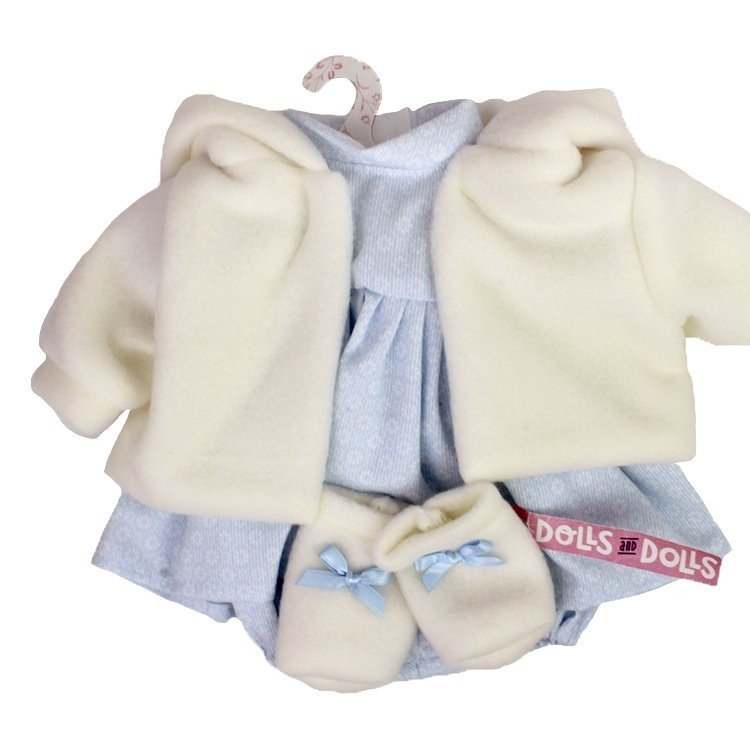 Vêtements pour poupées Llorens 42 cm - Ensemble imprimé bleu avec veste et bottines blanches