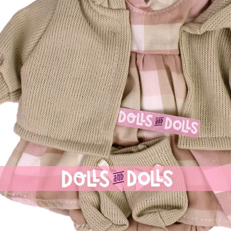 Vêtements pour poupées Llorens 42 cm - Ensemble imprimé carré avec veste beige et bottines