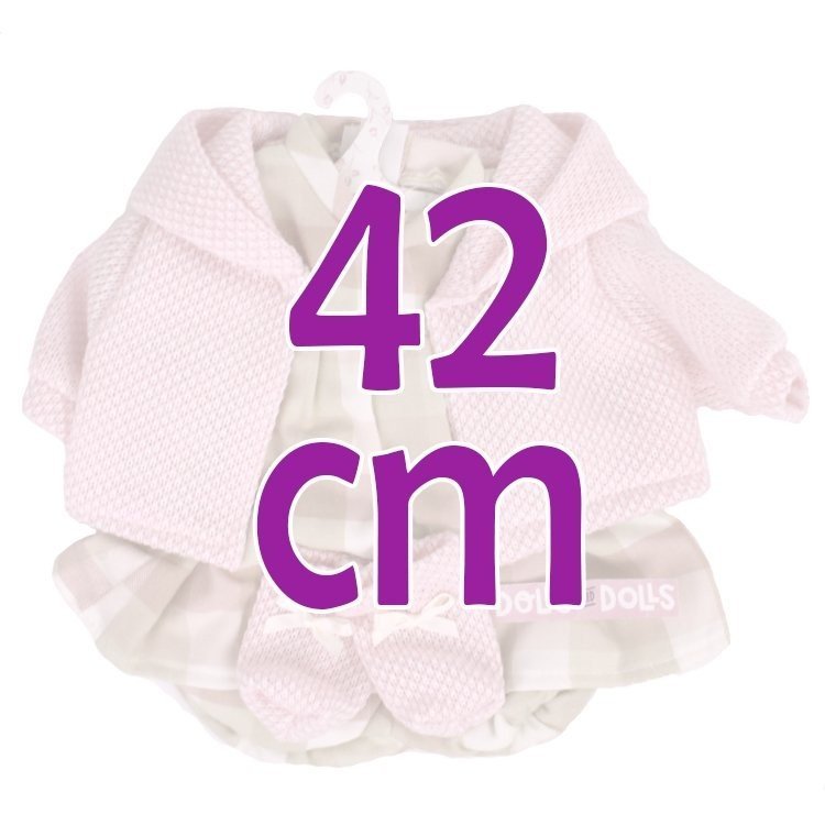 Vêtements pour poupées Llorens 42 cm - Tenue carrée imprimée avec veste rose et bottines