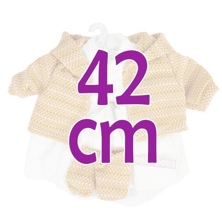 Vêtements pour poupées Llorens 42 cm - Ensemble imprimé avec veste ocre et chaussons