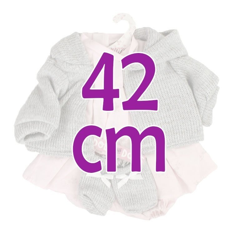 Vêtements pour poupées Llorens 42 cm - Ensemble imprimé rose avec veste grise et chaussons