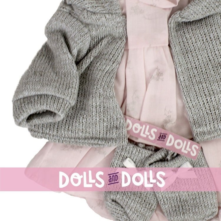 Vêtements pour poupées Llorens 42 cm - Ensemble imprimé rose avec veste grise et chaussons