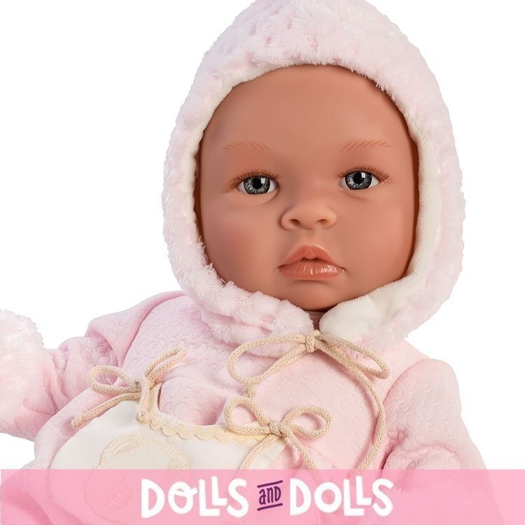 Poupée Así 46 cm - Barboteuse bébé Leo rose avec poche beige