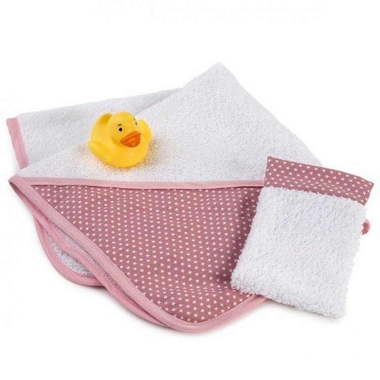 Accessoires pour poupée Así 36 à 43 cm - Cape de bain rose avec étoiles blanches et canard en caoutchouc