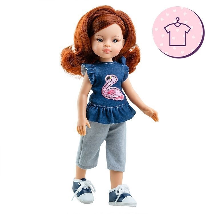Tenue pour poupée Paola Reina 32 cm - Las Amigas - Tenue en jean Inma avec flamant rose