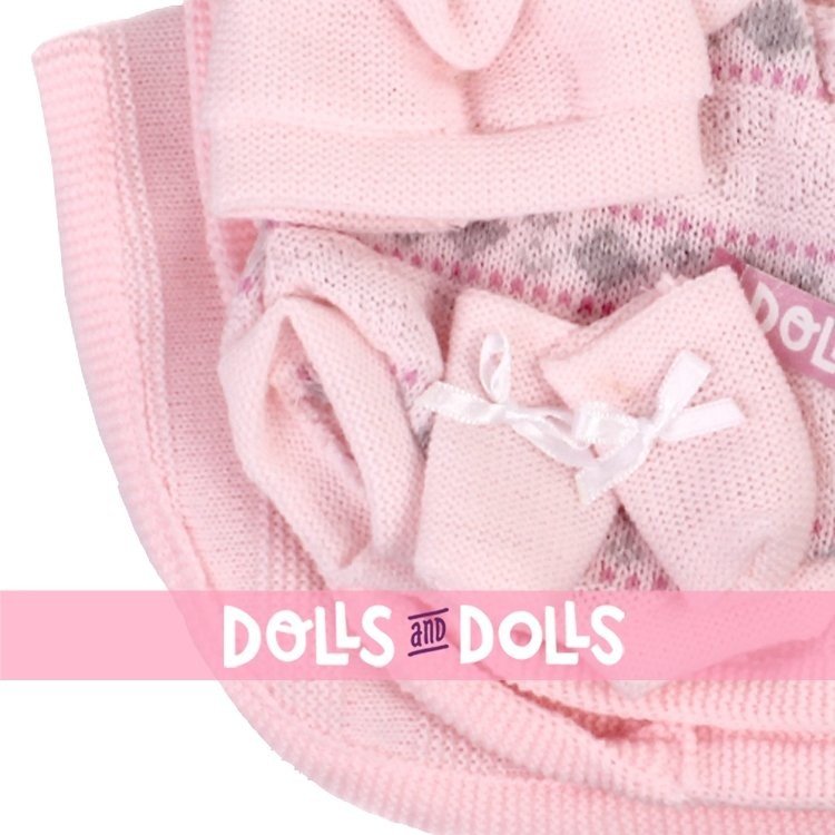 Vêtements pour poupées Llorens 26 cm - Barboteuse bébé imprimé rose avec chaussons, bonnet et couverture