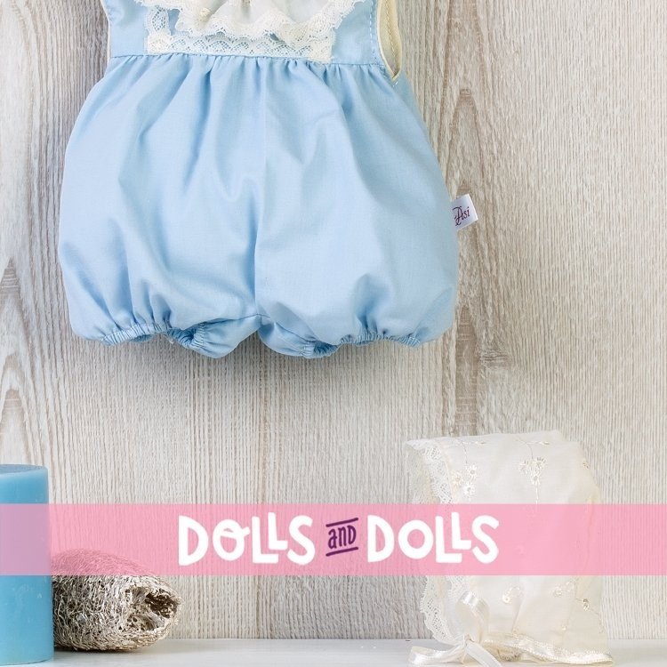 Tenue de poupée Así 36 cm - Barboteuse bleu clair avec capuche brodée beige pour Koke