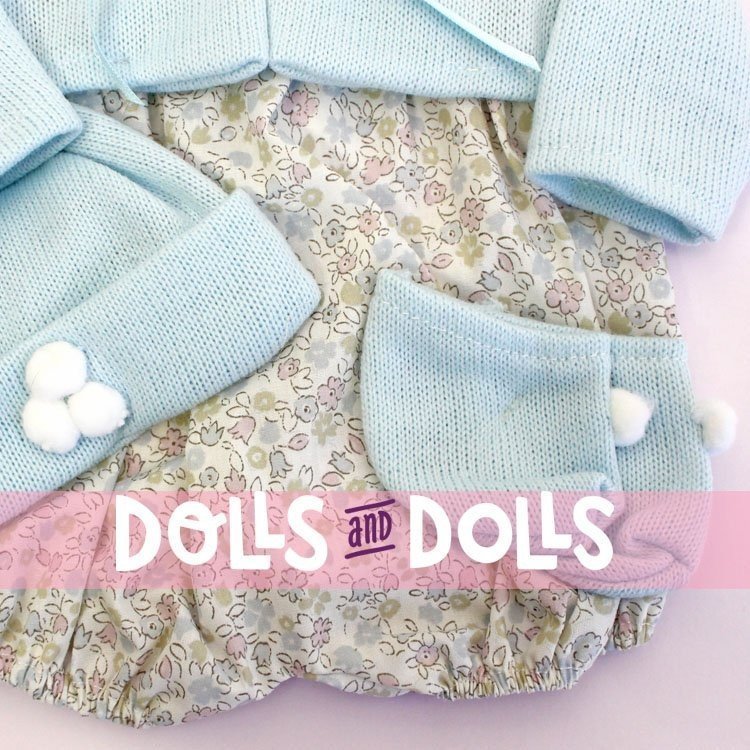 Tenue pour poupée Así - Barboteuse fleurs bleu clair avec veste, bottines et chapeau, pour poupée Pablo 43 cm